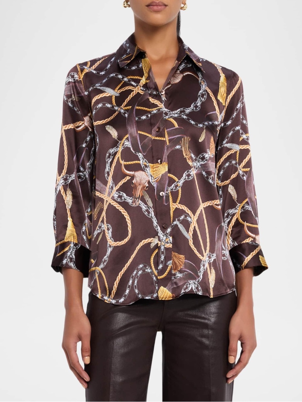 L’AGENCE dani silk coffee bean multi mix western chain print brown gold blouse S
